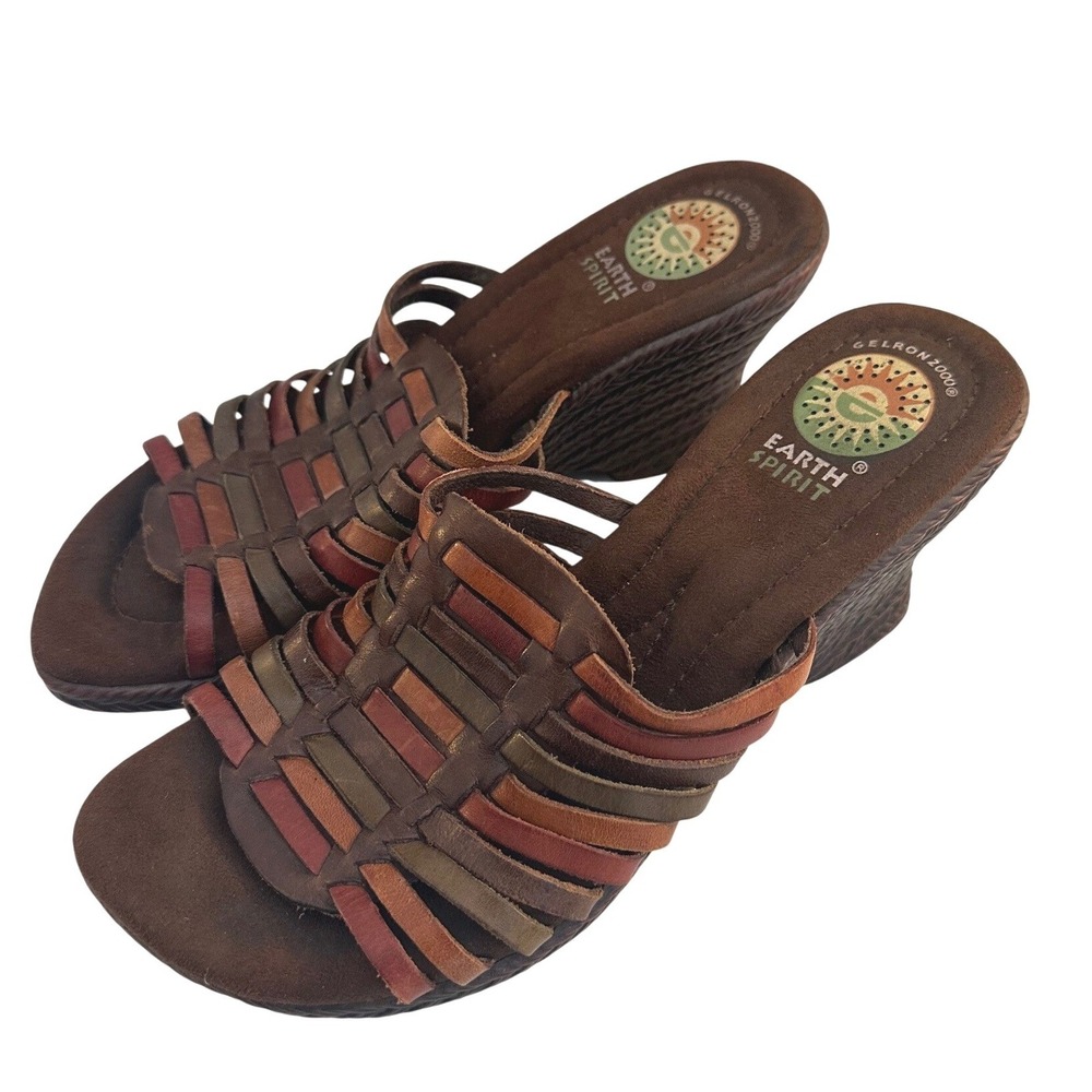 Earth Spirit Women's Brown Multi Woven Strap Wedge Sandals Size 7
